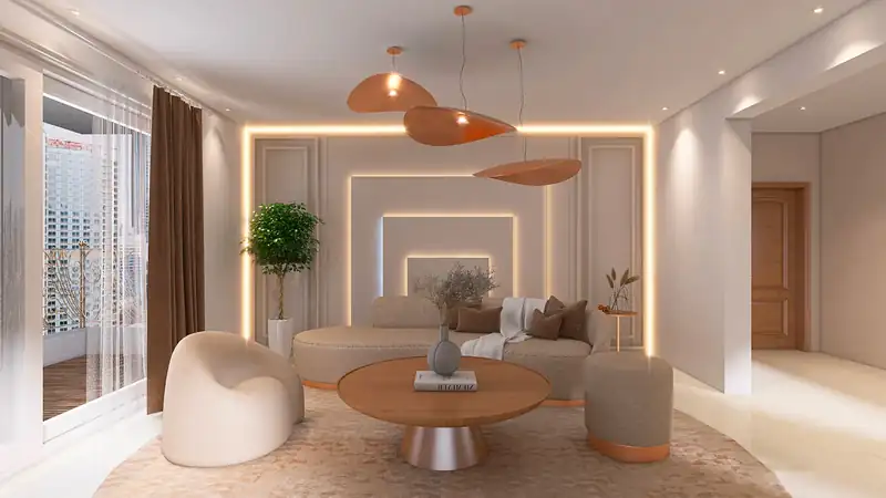 Living room with custom cove and recessed lighting